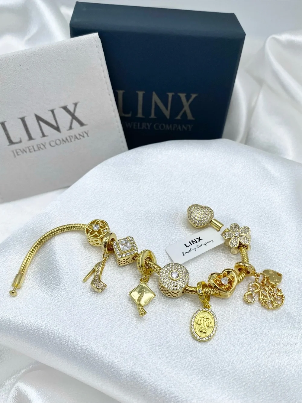 Linx Yellow Gold Snake Chain Charm Bracelet with Lawyer Themed Charms